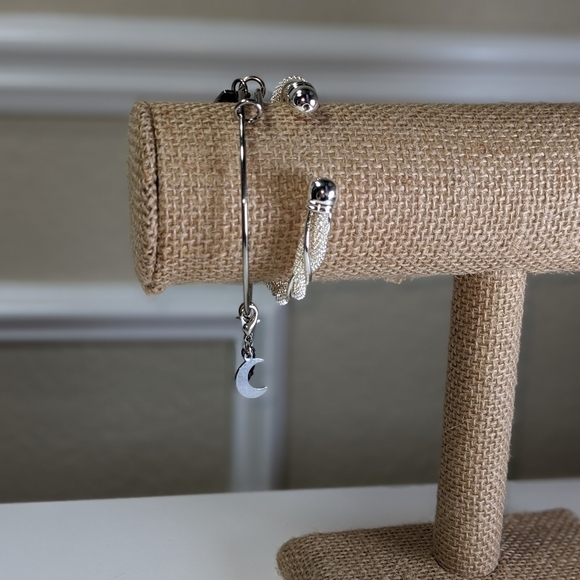 (x2) Silver Bracelets Mesh Cuff Bangle and Solid Charm Bangle Bracelets - Picture 3 of 7